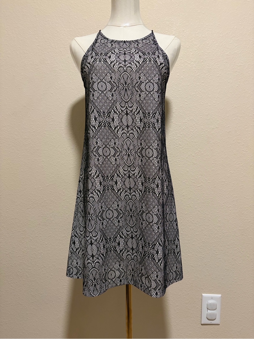 Necessary Objects Black and White Lace-Pattern Halter Mini Dress